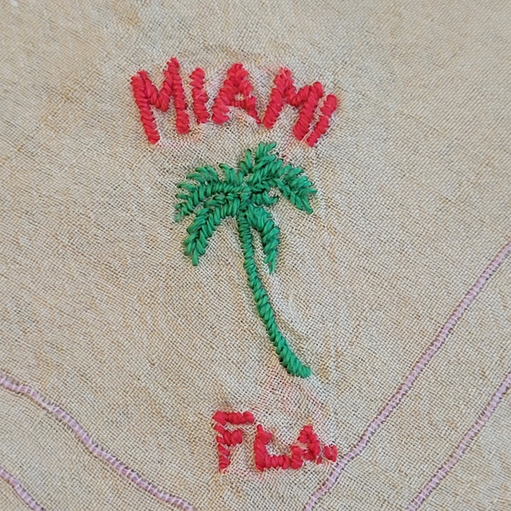 Vintage Embroidered Miami Florida Souvenir Hankie ~ Palm Tree ~  FINAL PRICE!